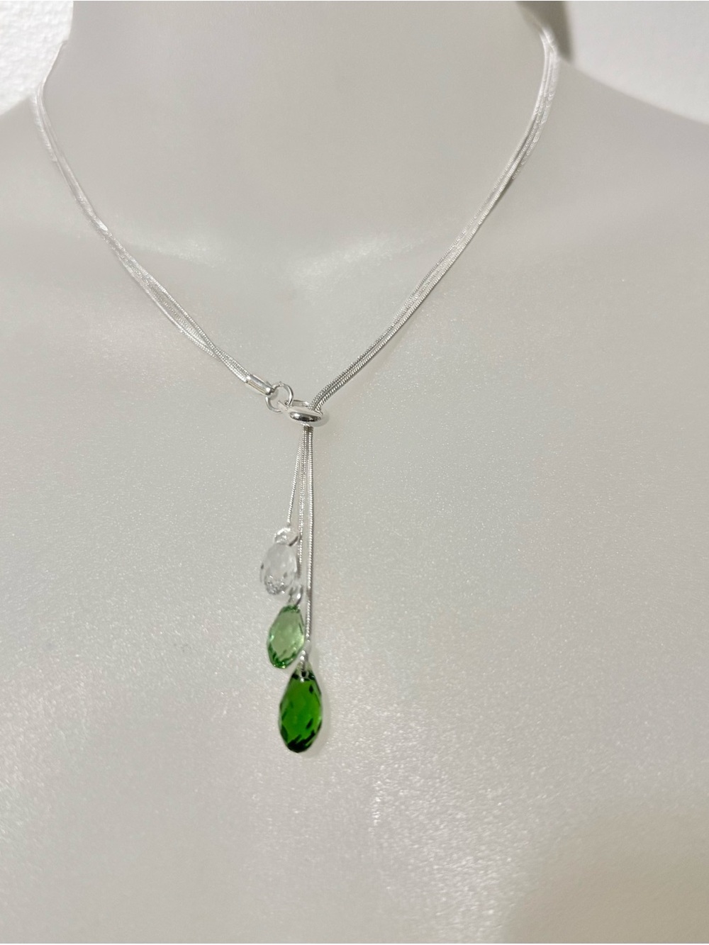 Silver Drop Necklace with Green and Clear Crystal Pendants